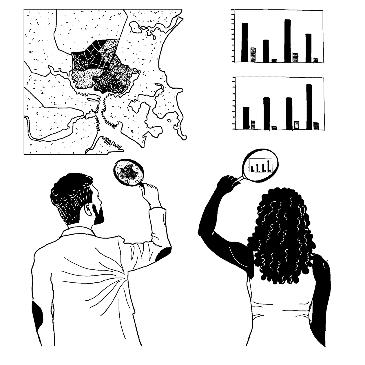 Un dibujo lineal que muestra dos personas enfrente de una pared, cada una con una lupa en la mano. Los mapas y tablas se exhiben en la pared, y las dos personas están examinándolos con sus lupas.