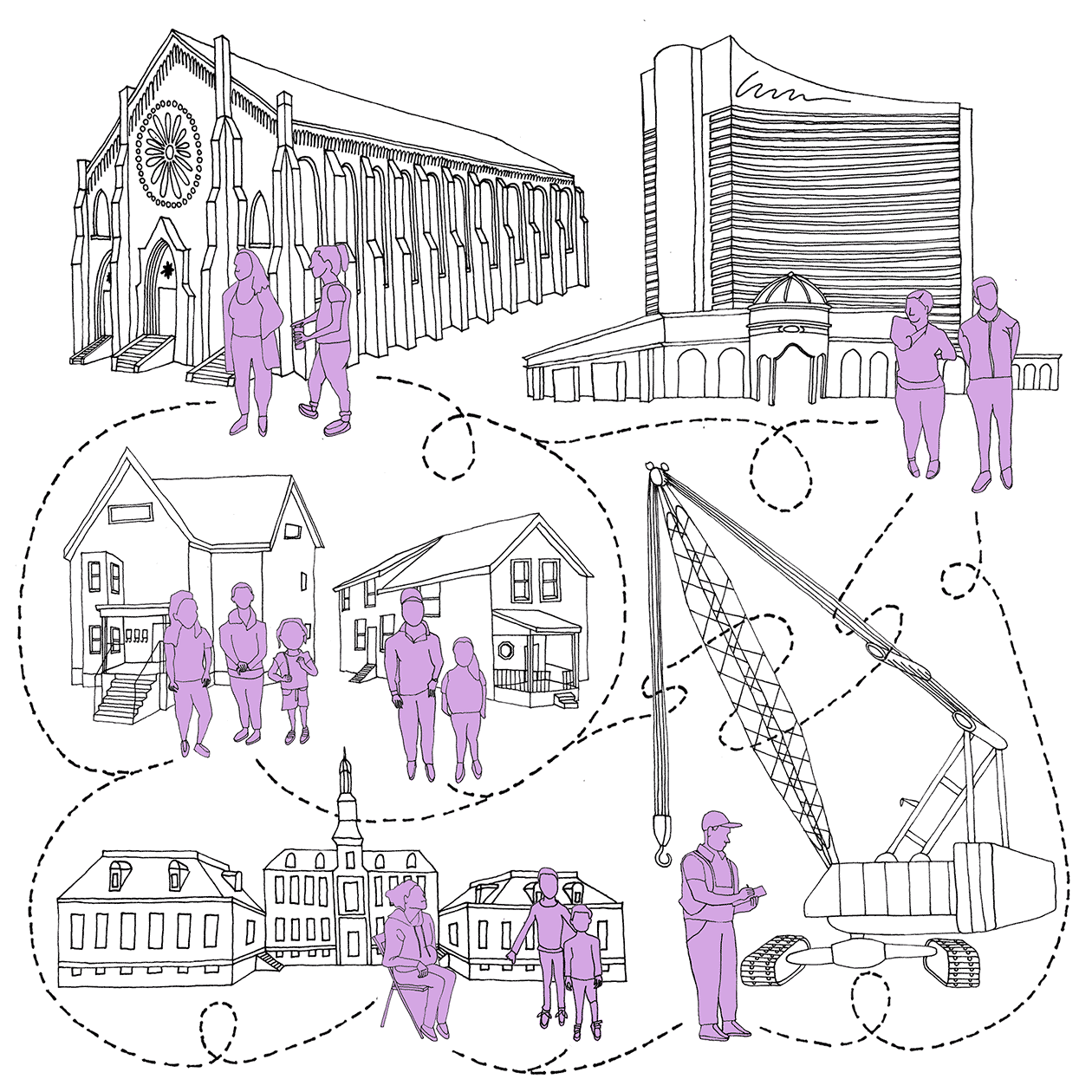 Line drawing with 5 different vignettes (a church, the Everett Casino, houses, government buildings, and a construction crane). People representing neighborhood residents and construction workers stand in front of each vignette. A dotted line connects the people to each other, representing connections of power.