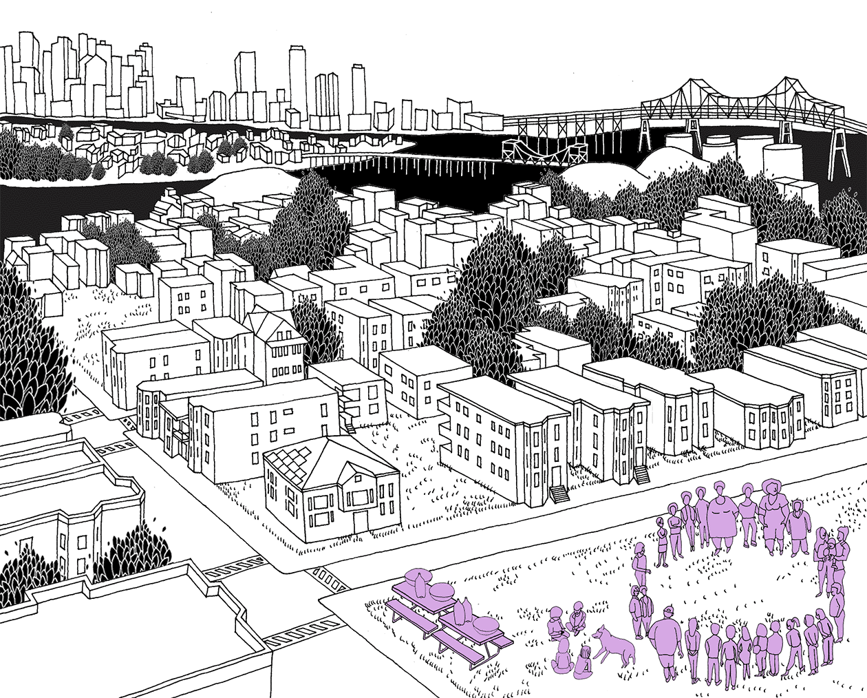 Line drawing showing a the landscape in East Boston, with the Chelsea river and downtown Boston in the background. In the foreground, a circle of people stand in a city park, near picnic tables with food.