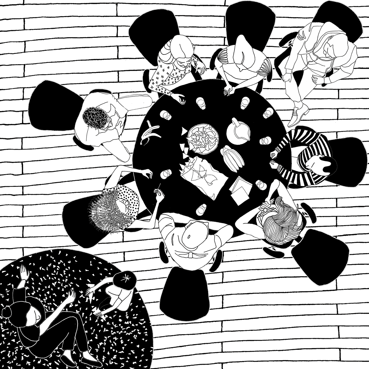 Black and white drawing showing an overhead view of a round table. Sitting around the table are a group of neighborhood residents, having a conversation. Snacks are also sitting on the table. Next to the table, a child is playing on the floor with another person.