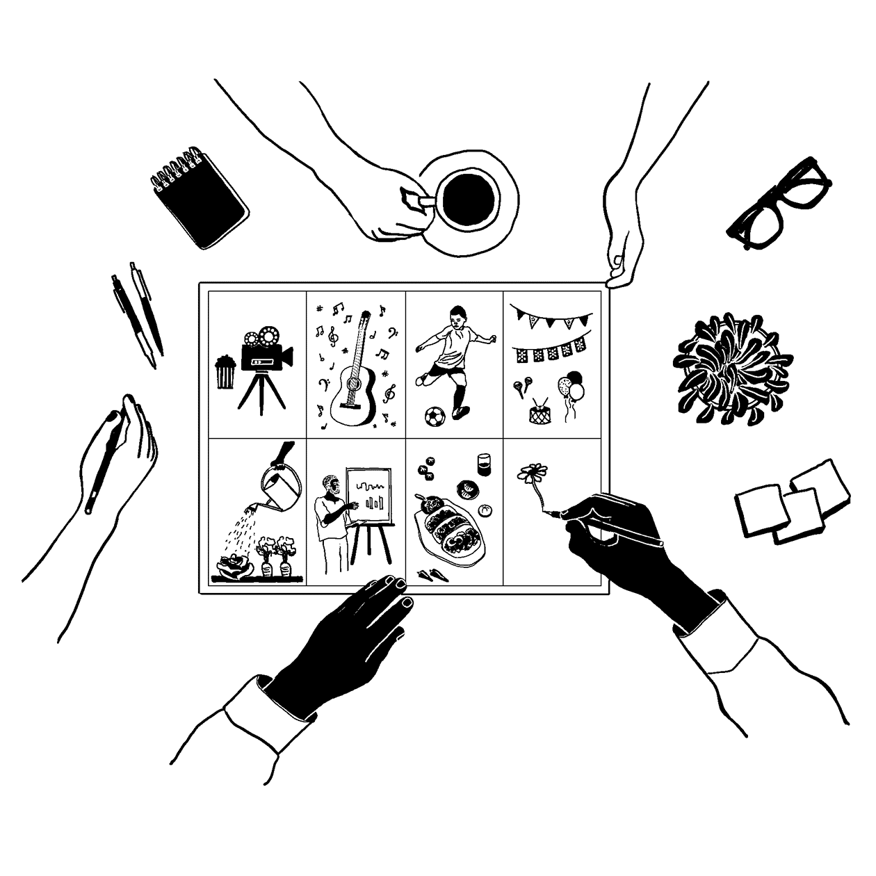 Black and white drawing showing a nearly-completed Design Sprint worksheet. The worksheet has 8 squares, and different drawings representing kinds of community strategies are in each square (a film camera, a guitar, someone playing soccer, a party, a community garden, a community workshop, and a meal). Hands are shown working on completing the drawing together.