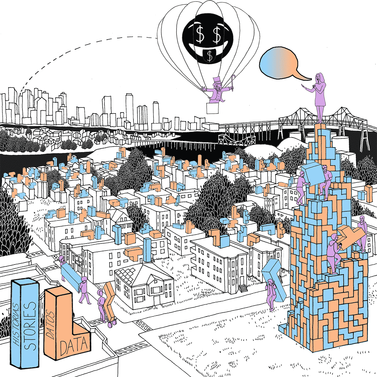 Un dibujo lineal que muestra la vista panorámica de East Boston, con el centro de Boston en el fondo al otro lado del Río Chelsea. Los edificios en el paisaje están hechos de bloques de colores que representan historias y datos, y los /las/les habitantes de la ciudad se muestran cargando y ensamblando los bloques para formar una torre. En la cima de la torre un/una/une organizador/a/e comunitario/a/e está de pie en conversación con una figura que representa el/la/le inversor inmobiliario, quien está en un globo de aire caliente con un signo de dólar gigante